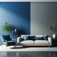 a modern living room with blue walls and white flooring, two chairs and a couch