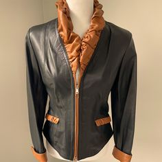 Genuine Italian Leather Black Jacket With Brown Collar, Cuffs And Pocket Details Puffy Collar Size - Small Condition - New, Without Tags I Personally Bought This Jacket In Florence, But Never Wore It As I Gained Weight Approx Measurements Laying Flat: Pit To Pit -16” Top Of Shoulder To Hem - 20” Fashion Style Svelte Sophisticated Leather Black Jacket, Leather Jacket Black, Pocket Detail, Black Jacket, Italian Leather, Florence, Black And Brown, Jackets & Coats, Leather Jacket