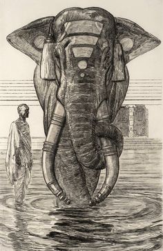 an elephant standing in the water next to a man