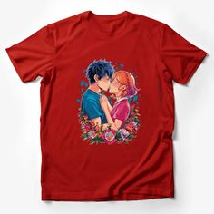 Romantic Anime Couple T-Shirt, Floral Border Love Scene, Colorful Graphic Tee Male T-Shirt Custom graphic T-Shirt.Customize your color Red Screen Print Tops As A Gift, Red Screen Print Tops As Gift, Red T-shirt For Summer Gift, Casual Red T-shirt For Gift, Red Short Sleeve T-shirt For Gift, Red Summer T-shirt As A Gift, Red Graphic Print Shirt For Gift, Red Short Sleeve T-shirt For Gifting, Red Graphic Print Shirt As Gift