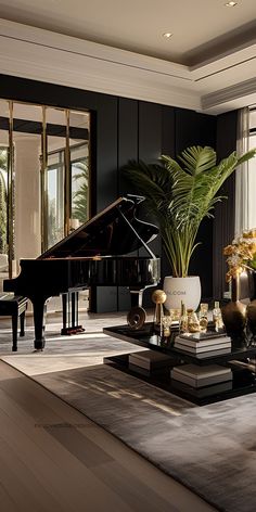 a living room filled with furniture and a grand piano in the middle of the room