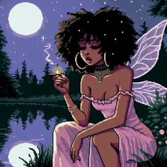 a fairy sitting on the edge of a lake holding a lit candle in her hand