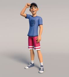 a cartoon boy is posing for the camera with his hand on his head and one eye closed