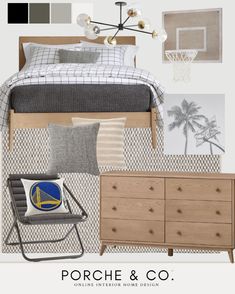 a bedroom is shown with neutrals and colors, including the basketball hoop on the wall