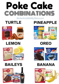 the ingredients for poke cake combinations are shown