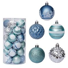 blue and silver christmas ornaments in a clear container