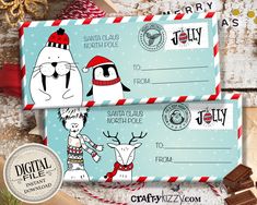 two personalized christmas gift tags with santa claus and the snowman on them next to candy bar wrappers