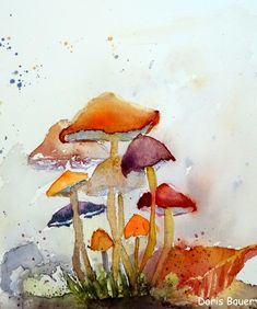 watercolor painting of mushrooms in the grass