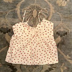 Light Pink With Little Red Strawberries, Little Bow Front, Adjustable Straps, Never Worn, Linen Cute Sleeveless Tops With Heart Print, Heart Print Sleeveless Tops For Summer, Summer Sleeveless Top With Cherry Print, Cotton Sleeveless Top With Cherry Print, Sleeveless Cherry Print Top For Summer, Sleeveless Top With Cherry Print For Summer, Summer Cotton Tops With Strawberry Print, Cute Polka Dot Sleeveless Top, Red Sleeveless Top With Cherry Print