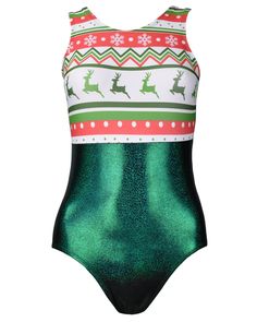 You can't be Santa's little helper without the right outfit. Show off some Christmas Magic with our Holly Jolly Christmas Leotard. This magical leotard features our custom Christmas sweater design with a holographic green piece to bring out some Christmas cheer. Details: Proudly made in the USA Bottom  made of 80% nylon & 20% spandex Top made of 75% polyester & 25% spandex Our designs are sublimated with the highest quality inks, and will not rub off or fade away over time. Please review our leotard size chart in pictures above for the best fit. Hand wash cold with mild detergent. Matching scrunchie is included. Winter Green Fitted Bodysuit, Green Fitted Bodysuit For Winter, Christmas Sweater Design, Holly Jolly Christmas, Santa's Little Helper, Spandex Top, Jolly Christmas, Gymnastics Leotards, Sweater Design