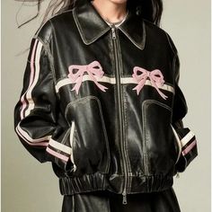 YesStyle rewards code: OLIVIASOJO | afilliate code, links | Long Sleeve Faux Leather Striped Bow Applique Loose-Fit Jacket Futuristic Jacket, Leather Outfits Women, Cool Coats, Cropped Coat, Pu Leather Jacket, Leather Jacket Style, Motorcycle Leather, 90s Grunge, Leather Motorcycle Jacket