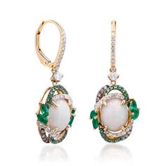 Ross-Simons - Opal Drop Earrings, .64ct t. w. Multicolored Diamonds, .70ct t. w. Multi-Gemstones. Our dreamy drop earrings call to mind the kind of lush greenery found in nature's most enchanting hideaways. Featuring 8x10mm oval opal cabochons that are encircled by artful borders of .64 ct. t. w. brown and white diamonds and .20 ct. t. w. tsavorite rounds with fanciful marquise emeralds that total .50 carats. Set in polished 14kt yellow gold. Hanging length is 1 3/8". Black rhodium at brown diam Space Rings, Diamond Flower Pendant, Ethiopian Opal Necklace, Opal Drop Earrings, Flower Pendant Necklace, Brown Diamond, Domed Ring, Halo Diamond Ring, Tennis Bracelet Diamond