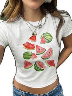 White T-shirt With Fruit Design For Spring, Fitted Fruit Print Summer Tops, Pink Fruit Print Tops For Summer, Spring Tops With Fruit Print, Fitted Strawberry Print T-shirt For Summer, Fitted Summer T-shirt With Strawberry Print, Cute Summer Printed T-shirt, White Summer Tops With Funny Print, White Tops With Funny Print For Summer