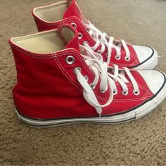 Worn A Few Times, Great Condition, Still Fairly Brand New, Men’s 6.5, Women’s 8.5, Uk 6.5, Smoke Free House With Dogs And Cat Casual High-top Sneakers In University Red With Round Toe, Casual University Red High-top Sneakers, Red Canvas Shoes With Round Toe And Laces, Red High-top Sneakers With Red Sole, Casual Converse High-top Sneakers With Red Sole, Casual University Red High-top Sneakers With Cushioned Footbed, Red Casual High-top Sneakers With Round Toe, Casual Red High-top Sneakers With Red Sole, Casual Red Mid-top Canvas Shoes