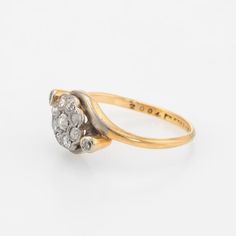 Finely detailed antique Victorian diamond cluster ring set with old mine cut diamonds (circa 1880s to 1900s), crafted in 18 karat yellow & gold and 900 platinum.   The old mine cut diamonds graduate in size from the centre (estimated at 0.05 carats) to the eight outer diamonds estimated at 0.02 carats each. Two estimated 0.01 carat diamonds accent the cluster mount. The total diamond weight is estimated at 0.23 carats (estimated at I-J colour and SI1-I1 clarity).   The diamonds are each set in a 1900s Engagement Ring, Wedding Ring Guard, Cluster Ring Set, Victorian Engagement Rings, Gold Baroque, Platinum Wedding Band, Platinum Wedding, Boho Bride, Diamond Cluster Ring