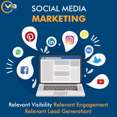 a laptop with social media marketing on the screen and icons above it that say relevant visibility relevant engagement, relevant lead generation