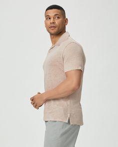 Our elevated take on the classic polo shirt. Crafted from supremely soft and airy 100% linen jersey in a pale pink shade, Shelton has a semi-sheer look with a relaxed fit. Pair this versatile staple with anything from shorts to denim. Casual Linen Polo Shirt For Summer, Summer Linen Tops With Polo Collar, Summer Linen Polo Shirt With Polo Collar, Classic Beige Summer Polo Shirt, Classic Beige Polo Shirt For Summer, Beige Polo Shirt For Spring, Beige Collared Polo Shirt For Summer, Casual Beige Polo Shirt For Summer, Beige Relaxed Fit Polo Shirt