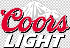 the coors light logo on a white and red background, with mountains in the background