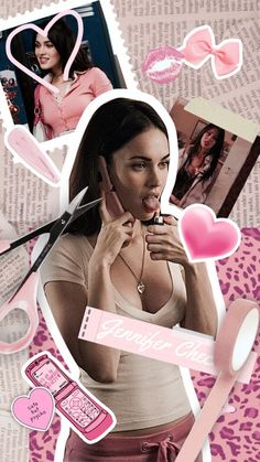 a collage of photos with scissors, hair combs, and pink heart shapes