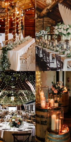 the wedding reception is set up in an old wine barrel and decorated with greenery