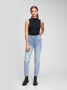 High Rise Destructed Cheeky Straight Jeans with Washwell | Gap Tomboy Aesthetic, Black White Outfit, Summer Capsule, Fashion Goals, Water Saving, Brand Board, Winter 2022, New School, Pocket Jeans