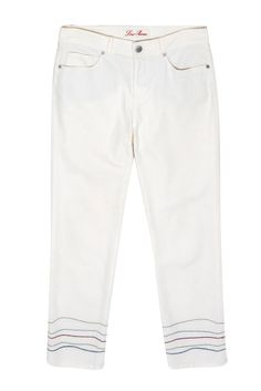 Current Boutique-Loro Piana - White Straight Leg Jeans w/ Embroidered Hem Sz 6 White Five-pocket Jeans For Spring, White Five Pocket Jeans For Spring, White Jeans With Five Pockets For Spring, White Spring Jeans With Five Pockets, Spring Jeans With Contrast Stitching, White Cropped Jeans With Five Pockets And Straight Hem, Fitted White Cropped Jeans For Fall, Trendy White Jeans With Five Pockets, White Summer Jeans With Five Pockets