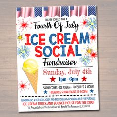 an ice cream social fundraiser flyer is displayed on a wooden table with red, white and blue stars