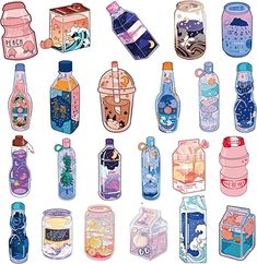 many different types of bottles and containers on a white background