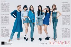 four girls in denim outfits posing for a magazine page with the caption love for