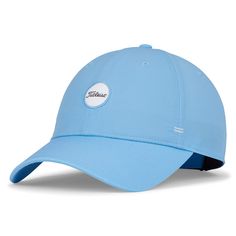 a light blue hat with a white badge on the front