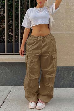 Solid Color High Waist Cargo Pants – AROLORA High Waist Cargo Pants, Loose Overalls, Waist Cargo Pants, Baddie Outfit, Urban Explorer, Cargo Pants Outfit, Casual Wide Leg Pants