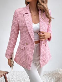 Pink Elegant Collar Long Sleeve Fabric Plain Regular Embellished Non-Stretch Spring/Fall Women Clothing Corporate Outfit, Business Casual Blazer, Blazer Outfits Casual, Pink Clothes, Blazer Pink, Tweed Pattern, Women's Outfits By Occasions