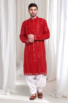 Red kurta with threadwork vine patterns, embellished by mirrorwork and sequins. Comes with patiyala. - Aza Fashions Red Kurta, Cocktail Reception, Mandarin Collar, Aza Fashion, Types Of Sleeves, Custom Made, For Men, Fashion Design, Red