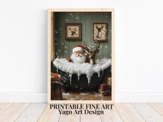 a framed photograph of santa claus sitting in a bathtub with bubbles coming out of the tub