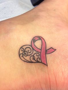 a pink ribbon and heart tattoo on the wrist