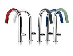 four different colors of faucets in the shape of archs on white background