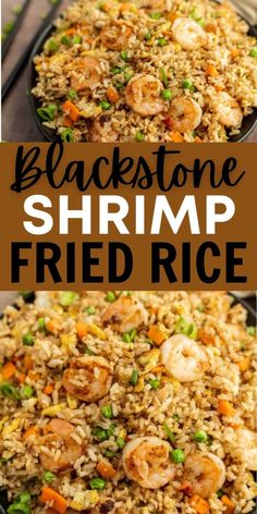 shrimp fried rice with peas and carrots in a pan