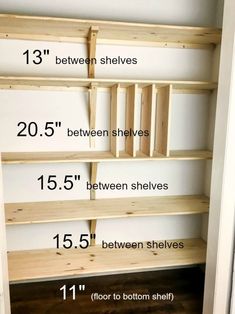 an open closet door with measurements for the shelves to be made into shelvings