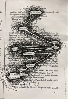 an open book with black and white drawings on the page, which has been altered to look like it is floating in water