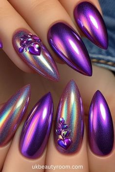 Bedazzled Nails, Gold Gel Nails, Shiny Nails Designs, Plum Nails, Purple Nail Art, Spring Nail Designs, Spring Nail Colors