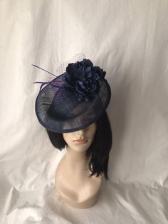 Dark Navy Blue Kentucky Derby fascinator hat, Tea party hat, Easter Women's church hat, Formal Hats With Handmade Flowers And Curved Brim, Elegant Blue Fascinator With Handmade Flowers, Formal Blue Fascinator With Handmade Flowers, Brimmed Fascinator For Kentucky Derby Wedding, Elegant Blue Brimmed Fascinator, Elegant Blue Hat For Wedding, Elegant Blue Wedding Hat, Blue Brimmed Fascinator For Church, Blue Fitted Fascinator For Wedding