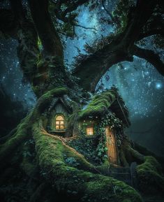 an image of a tree house with moss growing on the roof and windows in it