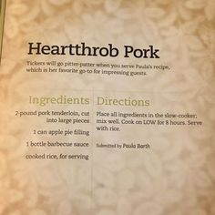 a menu listing the ingredients for heartthrob pork