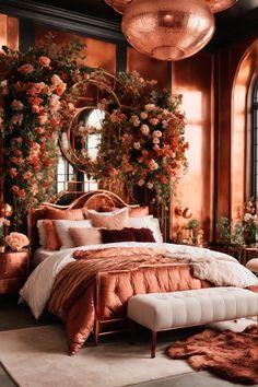 Discover an enchanted bedroom retreat where copper hues craft a dreamlike atmosphere. The captivating copper wall panels reflect a warm luminescence, complementing the copper-accented bedding and furniture. An awe-inspiring floral canopy cascades from above, enveloping the room in nature's embrace. Arched windows and a circular copper-framed mirror add grace, while copper pendant lights cast a soothing glow. This bedroom is a symphony of elegance, warmth, and ethereal beauty Pendant Light Above Bed, Copper Bedroom Decor, Black And Copper Bedroom, Goddess Bedroom, Mirror Above Bed, Enchanted Bedroom, Rustic Bed Design, Tree House Bed