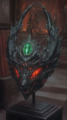 an intricately designed sculpture with glowing eyes and green orb in the center, on top of a black pedestal