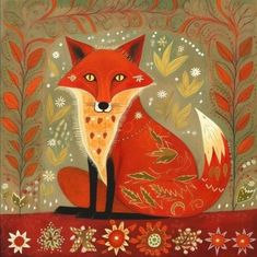 a painting of a red fox sitting on top of a tree branch with leaves and flowers around it