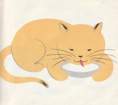 a drawing of a cat eating out of a bowl with it's tongue sticking out