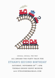 a train birthday party card with the number two on it