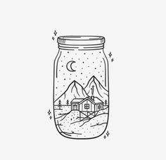 a drawing of a house in a jar with mountains and stars on the top, surrounded by snow