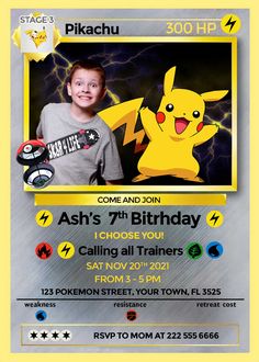 the pokemon birthday party flyer is shown